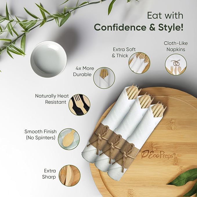 Premium Pre Rolled Napkin and Bamboo Cutlery Set (10 Pack, 40 PCS) 100% Biodegradable, Eco-Friendly, Disposable Wrapped Cutlery - Pre-Wrapped Bamboo Forks, Knives, Spoons, Napkins, Brown Roll