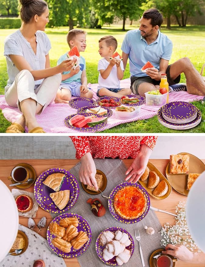 141 Pieces Purple Gold Party Supplies, Disposable Party Decorations Sets Include Paper Plates Napkins Cups, Plastic Forks Knives Spoons, for Baby Shower Birthday Wedding -20 Guests