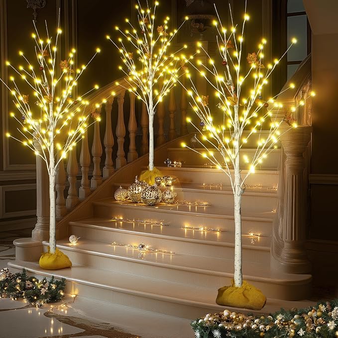 Lamerge Lighted Tree Set of 3,Christmas Tree 4Ft,5Ft and 6Ft with LED Lights, Halloween Decoration,Suit for Festival/Party,Wedding,Birthday,Indoor and Outdoor Use,Warm White (LBT3-WW)