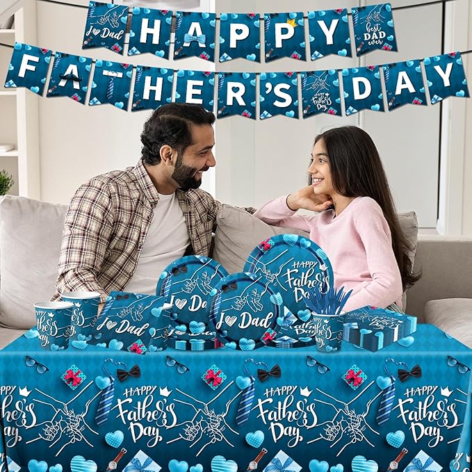 Happy Father's Day Tableware Set - 142pcs with Plates, Napkins, Tablecloth, Cups & Supplies for 'I Love Dad' Party Decoration