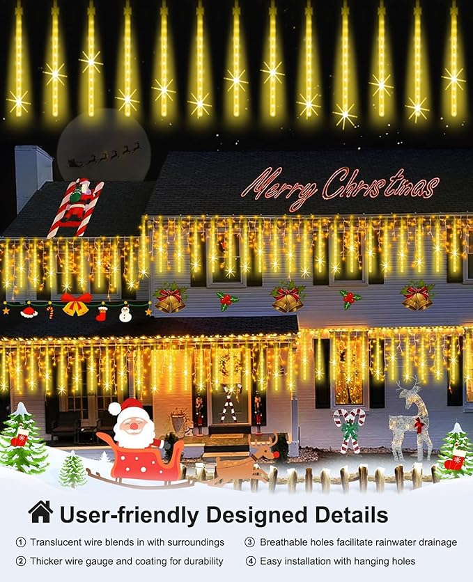 Christmas Lights Outdoor,16 Inch 20 Tubes Meteor Shower Light Falling Rain Drop String Lighting Icicle Snow Cascading Xmas String Decor for Tree Wedding Party Garden Holiday Decoration,Warm White