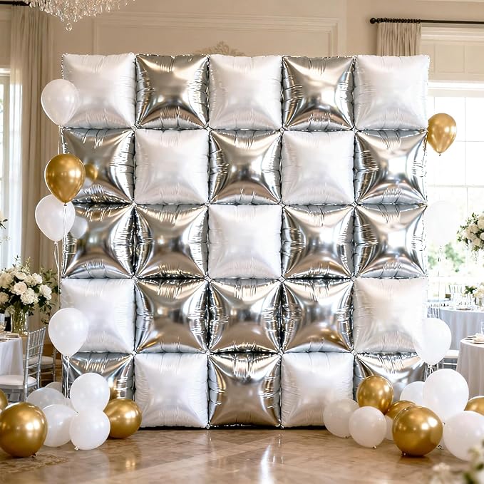 NISOCY 25PCS Metallic Silver and Pearl White Square Foil Balloons Wall Backdrop Double Sided Silver and White Balloons Arch Kit for New Year Birthday Engagement Wedding Bridal Shower Party Decorations
