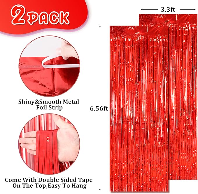2 Pack Red Tinsel Foil Fringe Curtains, Red Party Decorations, Metallic Tinsel Party Streamers Backdrop for Birthday Casino Christmas Graduation Carnival Valentine's Party Decorations