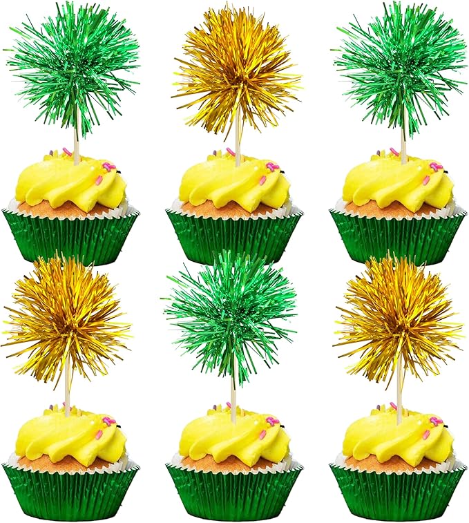 Gyufise 30Pcs Foil Firework Cupcake Toppers Sparkle Tinsel Cake Toppers Tinsel Drink Cake Decoration Cocktail Picks for Birthday Wedding Graduation Party Supplies Gold Green