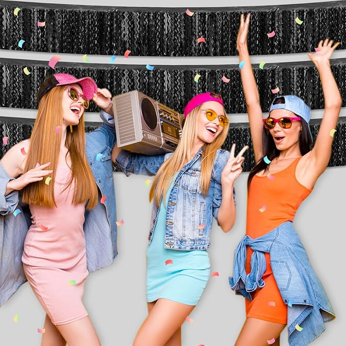 6 Pack 10 Feet Black Wave Foil Fringe Garland Metallic Tinsel Streamers Banner Wall Hanging Curtain Backdrop for Parade Floats, Mother's Day, Easter, Wedding, Birthday Party Decoration