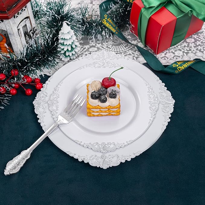 Liacere 150PCS Silver Plastic Plates with Silver Cutlery - Disposable Plastic Plates Include 30Dinner Plate, 30Dessert Plate, 30Knives, 30Spoons, 30Forks - Ideal for Wedding&Christmas