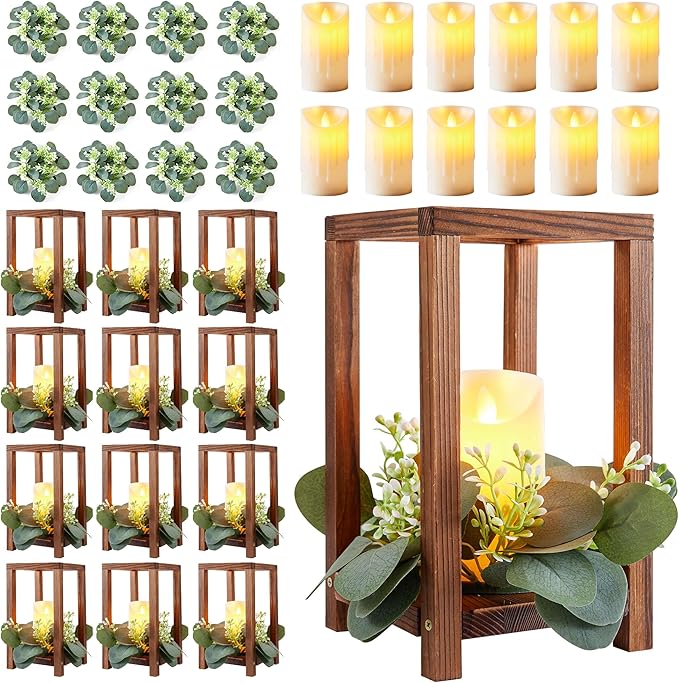 36 Pcs Wooden Wedding Lantern Centerpiece,Include 12 Candle Holders 12 LED Candles 12 Eucalyptus Leaves Wreath for Rustic Wedding Table Decoration,Country Barn Table Valentine Decor,Party(Dark Brown)