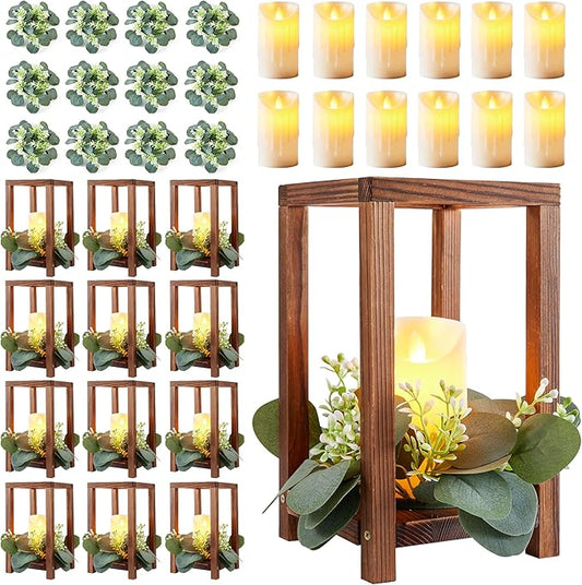 36 Pcs Wooden Wedding Lantern Centerpiece,Include 12 Candle Holders 12 LED Candles 12 Eucalyptus Leaves Wreath for Rustic Wedding Table Decoration,Country Barn Table Valentine Decor,Party(Dark Brown)