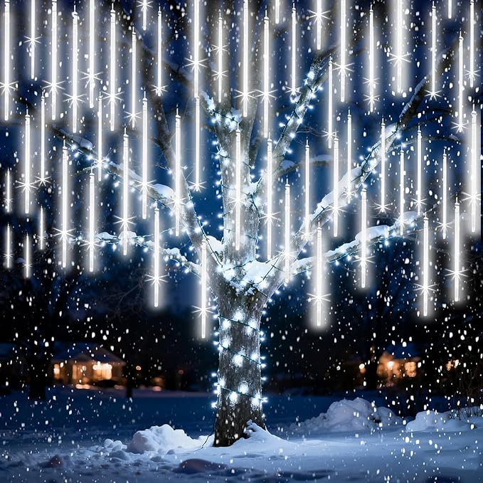 Christmas Lights Outdoor 16 Inch 20 Tubes Meteor Shower Rain Light, Waterproof Falling Icicle String Lighting for Xmas Tree Yard House Decor,Shine White