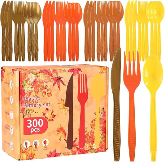 300Pcs Red Orange Yellow Brown Plastic Silverware Heavy Duty Disposable Flatware Cutlery Set Includes Forks Spoons Knives for Wedding Birthday Party Thanksgiving Autumn Fall Party Supplies