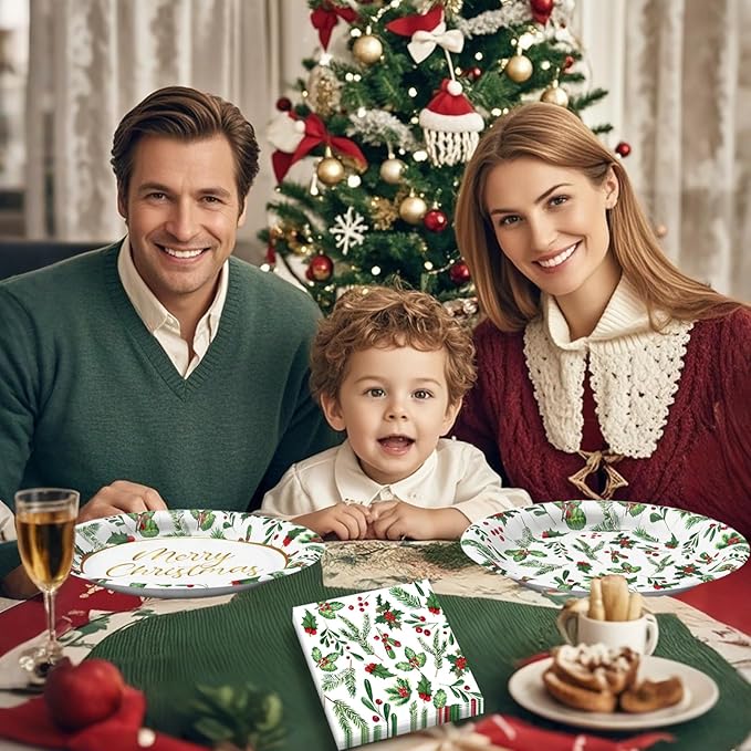 100Pcs Christmas Oval Paper Plates and Napkins Set -10" x 12" Large Disposable Party Plates for Christmas Party Dinner Tableware Decoration Supplies