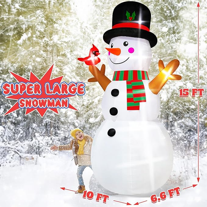 15FT Christmas Inflatable Snowman, Super Large Blow Up Snowman Inflatables Decor, Lighted Christmas Outdoor Inflatable Decorations, Xmas Inflatables Snowman for Lawn Yard Garden Holiday Party