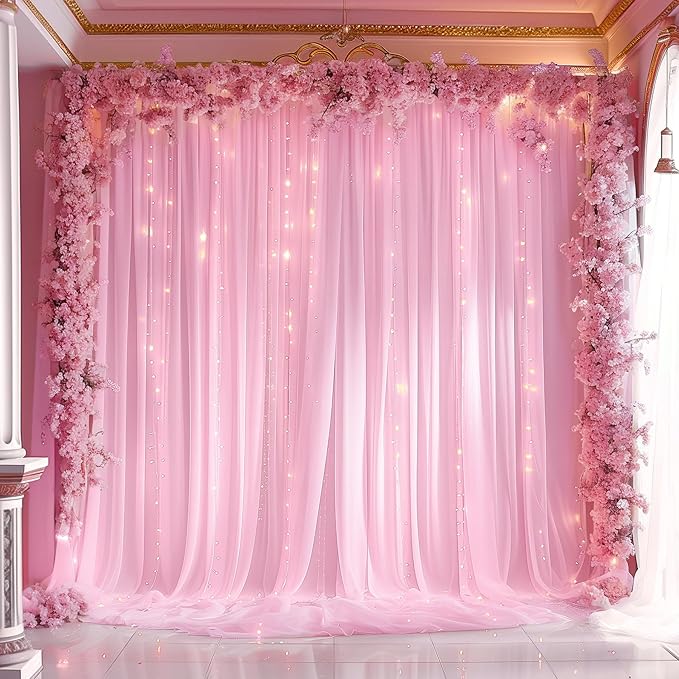 20ft x 10ft Pink Backdrop Curtain with Lights String for Parties, Sheer Tulle Wedding Photo Backdrops Drapes for Baby Shower Birthday Party Decorations Background for Photography