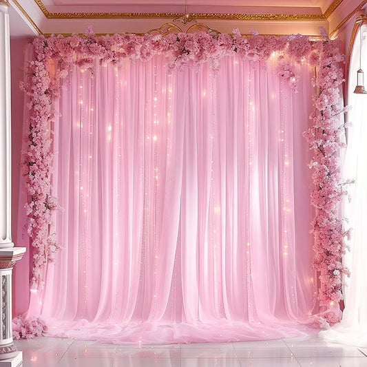 10ft x 10ft Pink Backdrop Curtain with Lights String for Parties, Sheer Tulle Wedding Photo Backdrops Drapes for Baby Shower Birthday Party Decorations Background for Photography
