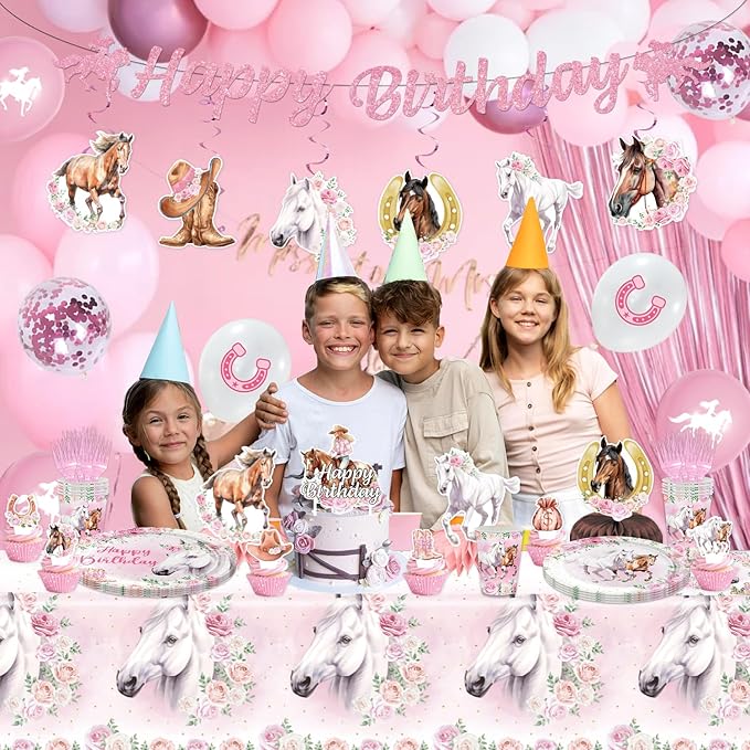 154PCS Pink Western Horse Party Decorations, Cowgirl Horse Party Supplies Plates and Napkins Set, Tableware,Banner, Hanging Swirls, Tablecloth, Balloon,Cake Cupcake Topper,Honeycomb Centerpiece
