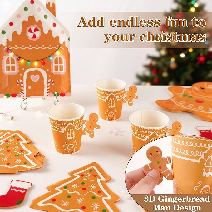 OuMuaMua 177Pcs Gingerbread Christmas Disposable Tableware Set,Gingerbread Man Paper Plates Christmas Tree Napkins Cups Banner Cutlery Dinnerware Set for Xmas Holiday Party Supplies Decor, Serves 25