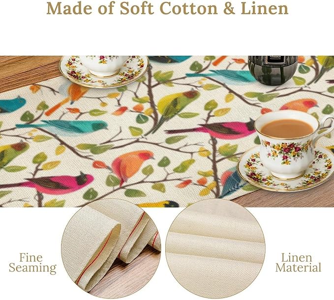 Spring Bird Floral Table Runner,Birds Table Runner Burlap Table Decoration for Seasonal Home Kitchen Dining Dinner Indoor Holiday Farmhouse Decor 13x90 Inch