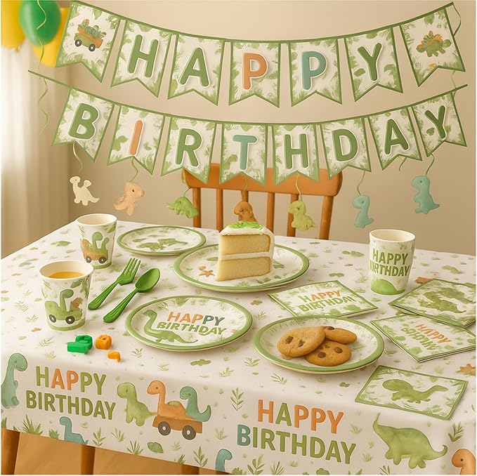 Dinosaur Birthday Party Supplies Kit – 88 PCS Dino Party Decorations for 16 Guests, Includes Plates, Cups, Napkins, Banner, Cutlery, Tablecloth, Hanging Swirls – Jurassic Dino Theme for Boys & Girls
