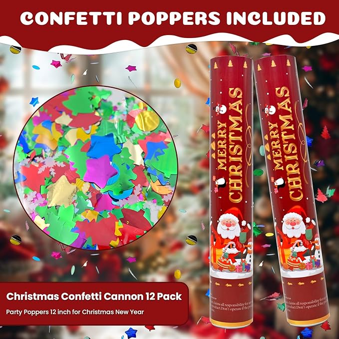 Party Poppers 12 Pack Confetti Cannon - 12 Inch Xmas Confetti Shooters Multicolor for Christmas, New Year, Eve & Festival Parties