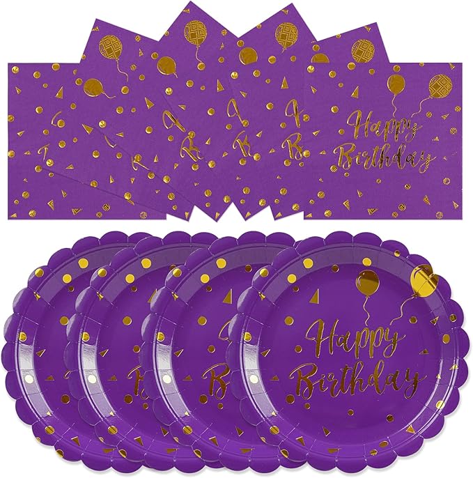 50PCS Purple and Gold Happy Birthday Paper Plates and Napkins Party Decorations- 7 Inch Scalloped Dessert Plates and 6.5 Inch Napkins Disposable Tableware Set Birthday Party Supplies , Serves 25