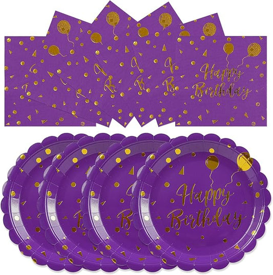 50PCS Purple and Gold Happy Birthday Paper Plates and Napkins Party Decorations- 7 Inch Scalloped Dessert Plates and 6.5 Inch Napkins Disposable Tableware Set Birthday Party Supplies , Serves 25