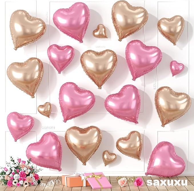 Rose Gold Pink Heart Balloons, Heart Shaped Ballons, 20 Pcs 5/10/18 inch Rose Pink Foil Love Balloons for Valentine's Day Decorations Wedding Engagement Bridal Showers Anniversary Celebrations