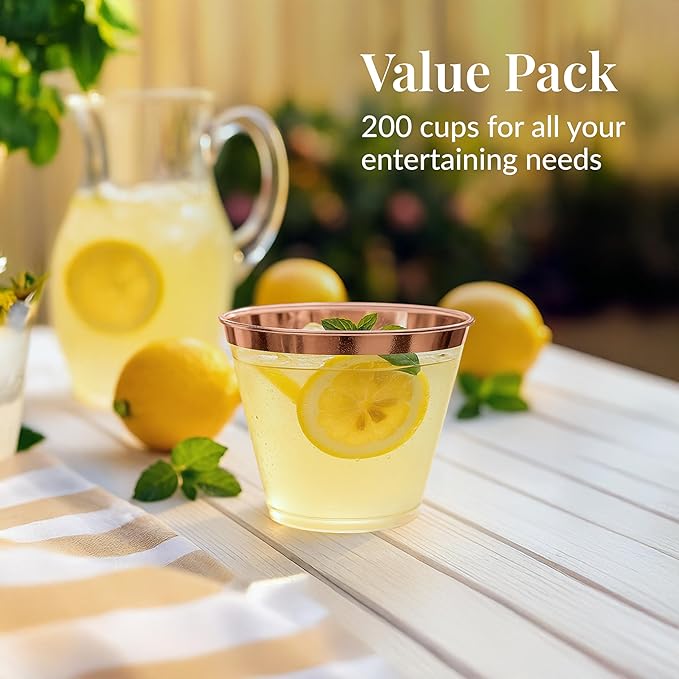 Prestee 200 Rose Gold Plastic Cups, 9oz – Elegant Hard Disposable Tumblers for Wine, Cocktails & Beverages – Clear Plastic Cups with Rose Gold Rim – Bulk Party Drinkware for Weddings, Holidays & Event