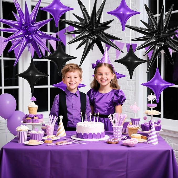 Black Purple Star Balloon,6Pcs 22Inch Explosion Star Balloons and 10Pcs 10Inch Four Angle Balloons Kit for Halloween Birthday Anniversary Graduation Baby Shower Wedding Party Decorations