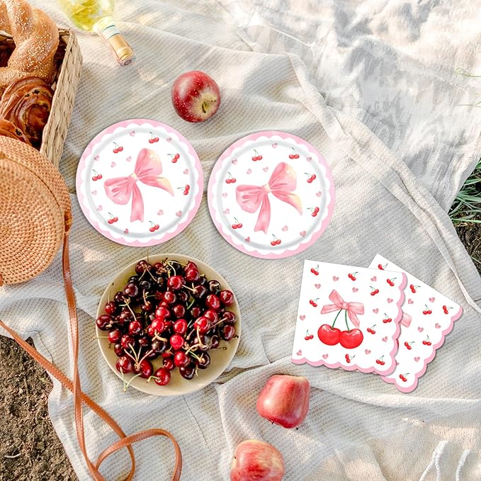 40PCS Cherry Birthday Party Decorations - Disposable Tableware Cherry Party Supplies, Plate, Napkin for Fruit Girls/Summer Cherry Theme Birthday Baby Shower Table Decorations Fit 20 Guests