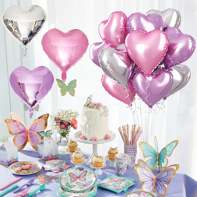 Pink Purple Foil Heart Balloons, 18 Inch 12Pcs Lavender Purple Pink and Silver Heart Shape Foil Balloons, Light Violet Purple Helium Balloon for Girls Women Birthday Wedding Valentines Butterfly Party