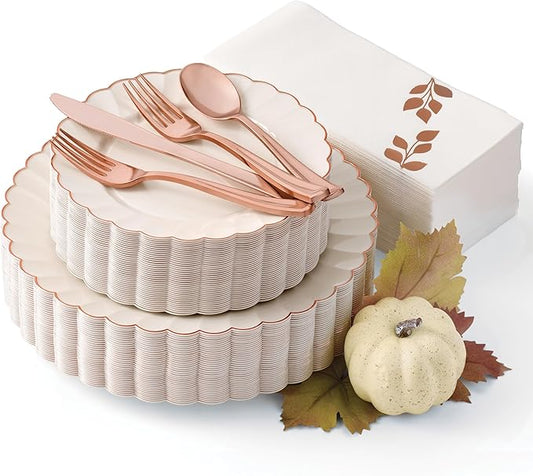 By Madee HEAVYWEIGHT 175 Pc Disposable Thanksgiving Dinnerware Sets | Ivory Scalloped Plates with Rose Gold Trim | Thanksgiving Plates and Napkins Cutlery | Host Beautifully (25 Guests)