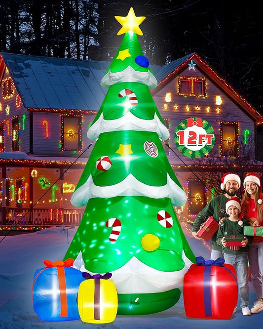 12FT Christmas Tree Inflatables, Giant Blow Up Christmas Tree with Boxes, Lighted Up Xmas Inflatables with Rotating Snowflake Lights for Xmas
