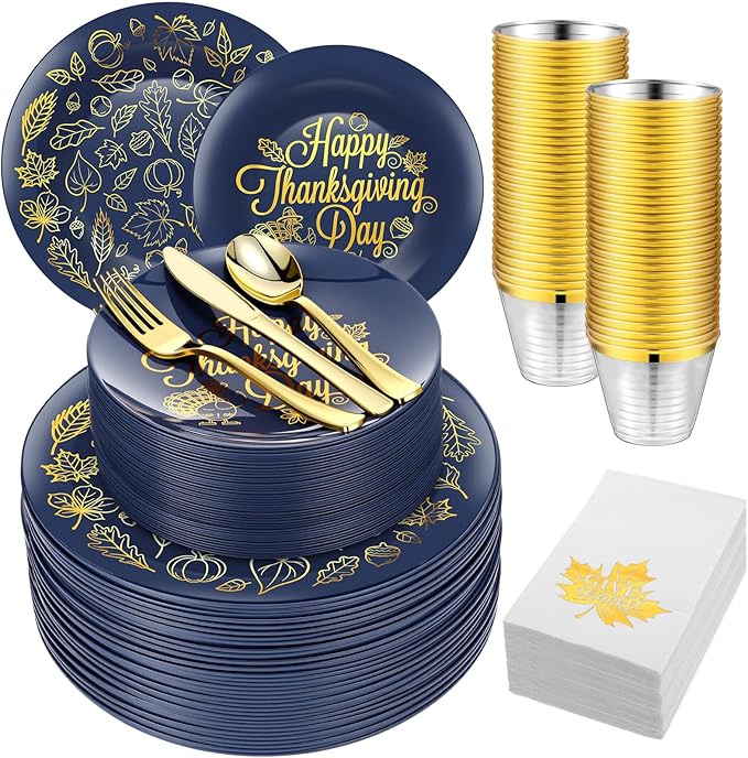 Shellwei 280 Pcs Thanksgiving Dinnerware Sets, Navy Blue Disposable Plates Includes 40 Dinner Plates 40 Cups 40 Dessert Plate 40 Paper Napkins 40 Forks Knives Spoons Supplies for Thanksgiving Day