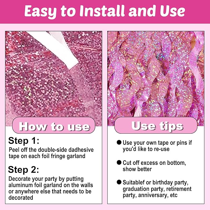 6 Pack 10 Feet Pink Wave Foil Fringe Garland Metallic Tinsel Streamers Banner Wall Hanging Curtain Backdrop for Parade Floats, Mother's Day, Easter, Bachelorette, Wedding Party Decoration