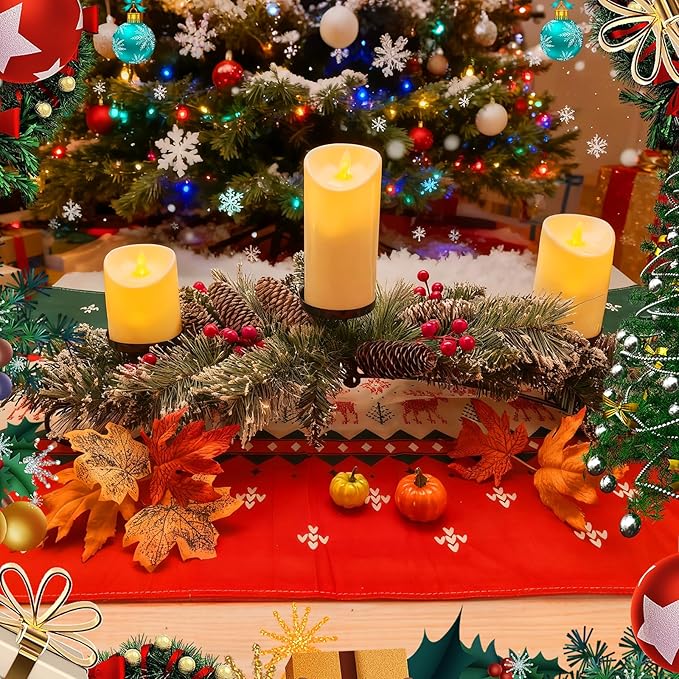 Christmas Candle Holder with 3 Electric Candles, Tabletop Decoration for Christmas Home Decor, Holiday Party Table Decorations Candle Holder with Pine Cone, Red Ball, Pine Needle