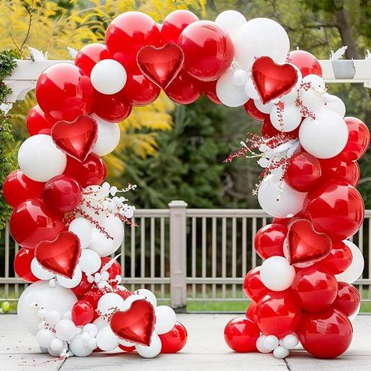 Red White Balloon Garland Arch Kit, 160Pcs Red and White Balloons with Red Heart Foil Balloons for Romantic Wedding Birthday Party Bridal Shower Valentine's Day Decoration