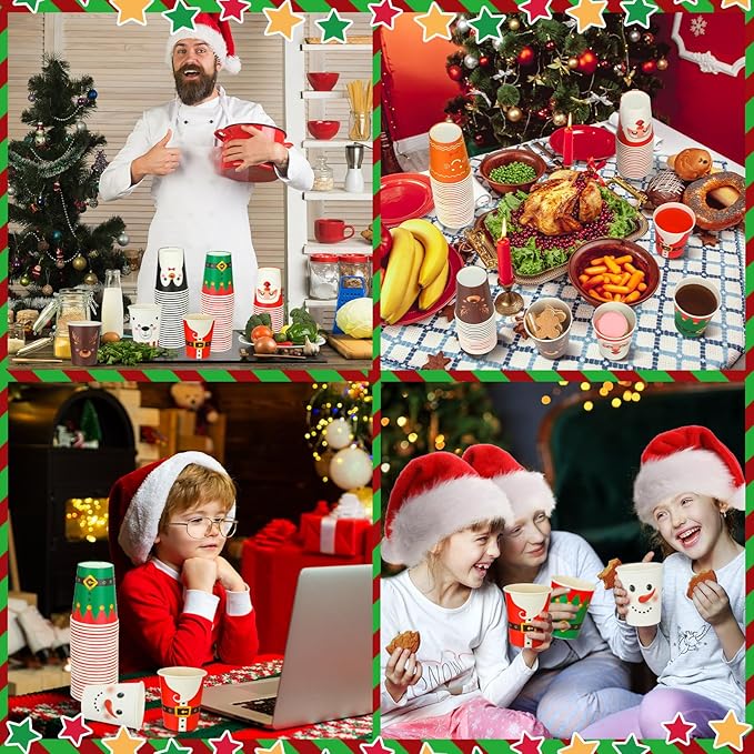 Zhehao 200 Pcs Christmas Paper Cups Xmas Disposable Coffee Cups 9 oz Santa Snowman Elk Disposable Christmas Paper Drinkware for Tea Beverage Cocoa Cold Hot Drink