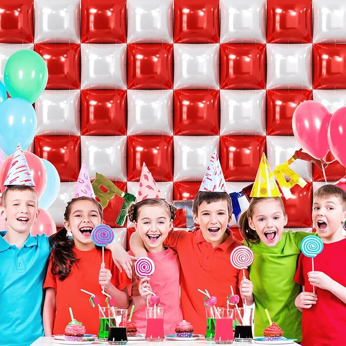 NISOCY 48PCS Red White Square Foil Balloons Wall Backdrop Double Sided Red Pearl White Balloons Arch Kit for Birthday Wedding Bridal Shower Valentine Anniversary Party Decorations