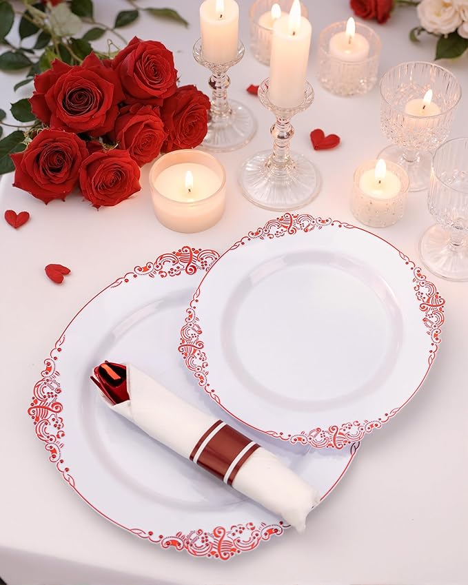 Nervure 175PCS Red Plastic Plates - White Red Plastic Dinnerware Sets for 25 Guests - 50 Red Disposable Plates, 25 Pre Rolled Cutlery Set, 25 Cups Perfect for Wedding, Party & Christmas