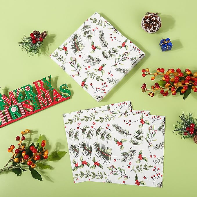 150Pcs Christmas Plates and Napkins Set Christmas Paper Plates Merry Holly Berries Disposable Holiday Paper Plate Dinnerware for Xmas Holiday Winter Party,Serves 50