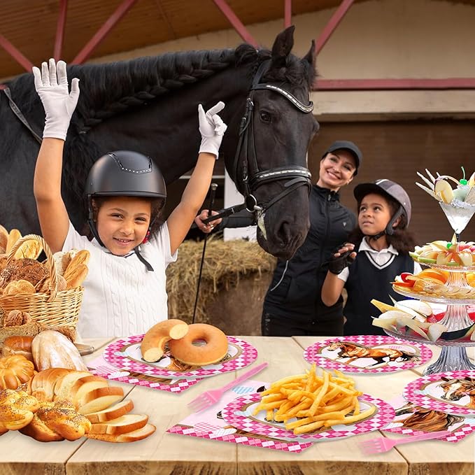 96Pcs Horse Party Supplies Pink Mustang Tableware Set Plates Napkins Forks Serves 24 Guests Pink Cowgirl Baby Shower Birthday Party Decorations