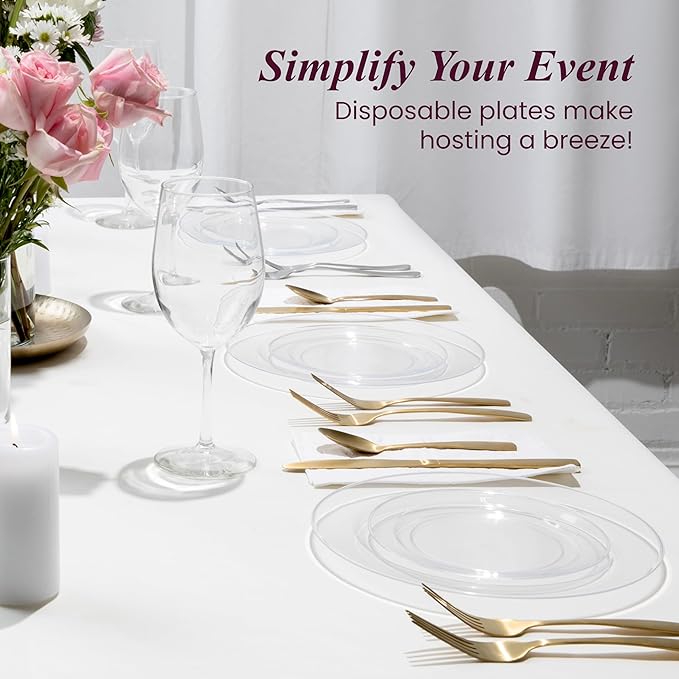 Aya's Cutlery Kingdom 100 Clear Plastic Plates for Party - Heavy Duty Disposable Set of 50 Dinner and 50 Dessert Plates - Elegant Plastic Disposable Plate for Weddings, Parties, and Special Events
