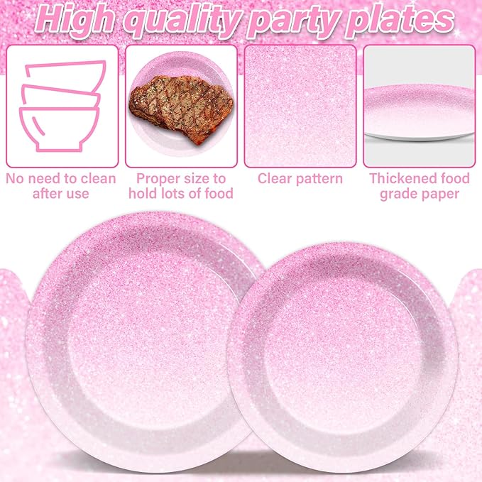 96 Pcs Ombre Pink Party Supplies Set for 24 Guests Gradient Pastel Pink Tableware Plates Dinnerware Table Decorations for Girls Woman Light Pink Sprinkle Wedding Birthday Anniversary Party Favors