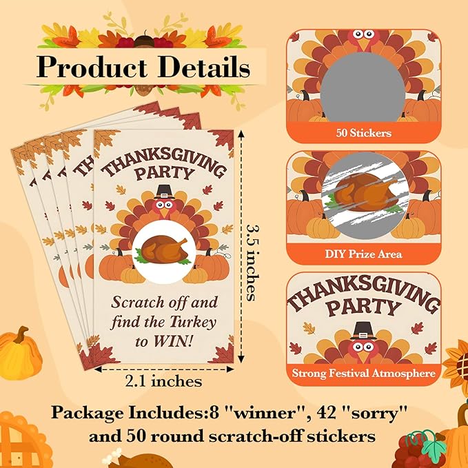 Thanksgiving Scratch Off Cards, 50pcs Fall Harvest Party Scratch Off Tickets, Autumn Game Cards for Adults Family Groups Supplies Classroom Activities - B01