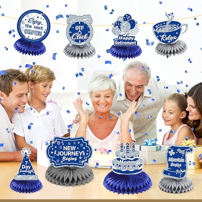 8Pcs Blue Retirement Decorations Navy Blue Silver Happy Retirement Table Honeycomb Centerpieces Farewell Table Topper Decor for Men Women Office Going Away Photo Booth Props Labor Day Party Supplies