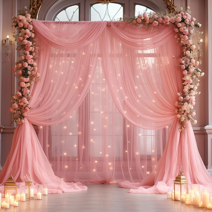 30ft x 10ft Dusty Rose Backdrop Curtain with Lights String for Parties, Sheer Tulle Wedding Photo Backdrops Drapes for Baby Shower Birthday Party Decorations Background for Photography