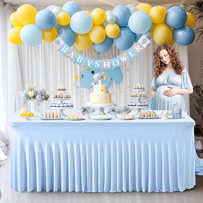 1 Pack Baby Blue Table Clothes for 4 Foot Rectangle Tables, One-Piece Wrinkle Resistant Stretch Spandex Table Covers with Skirt for Event Banquet Wedding Birthday Party