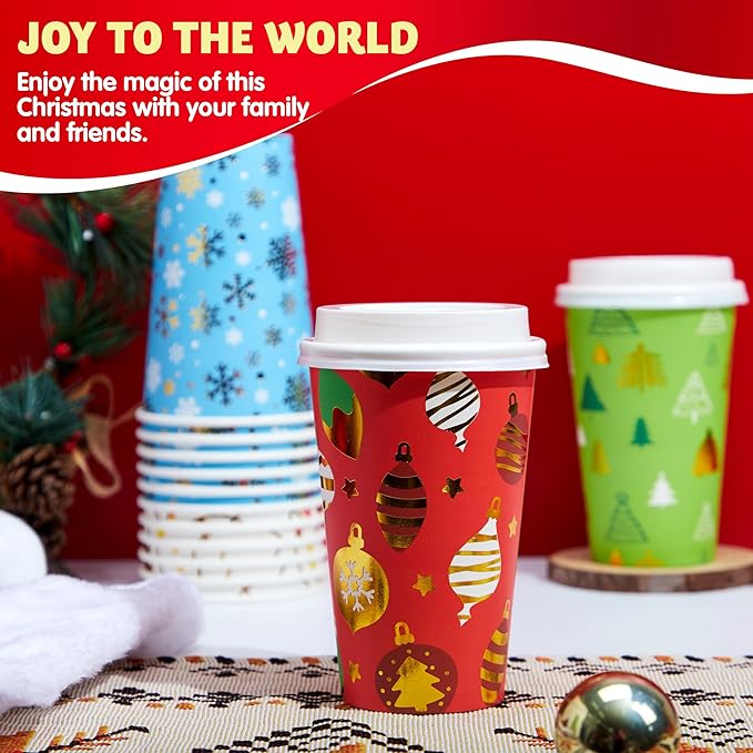 JOYIN 24 PCS Christmas Disposable Paper Cups, 16 oz Merry Christmas Party Cups With Cup Sleeves and Lids, 4 Designs Xmas Drinkware Winter Drink Cups, Tableware Holiday Supplies Decoration