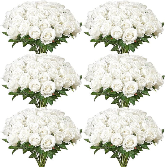 VEVOR Artificial Flowers, 120 pcs Real Looking White Foam Fake Roses Bulk, White Faux Bridal Shower with Stems for DIY Wedding Bouquets, Home Centerpieces Arrangements, Party Tables Decorations