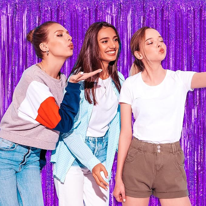 3 Pack Purple Foil Fringe Curtain Backdrop, 3.28Ft x 8.2Ft Metallic Tinsel Foil Fringe Streamer Curtains for Photo Booth, Mother's Day, Easter, Birthday, Wedding Party Decorations